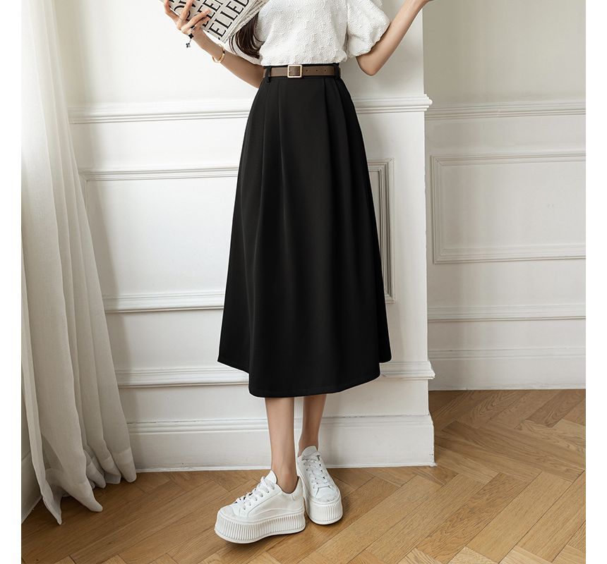 High Waist Plain Midi A-Line Skirt