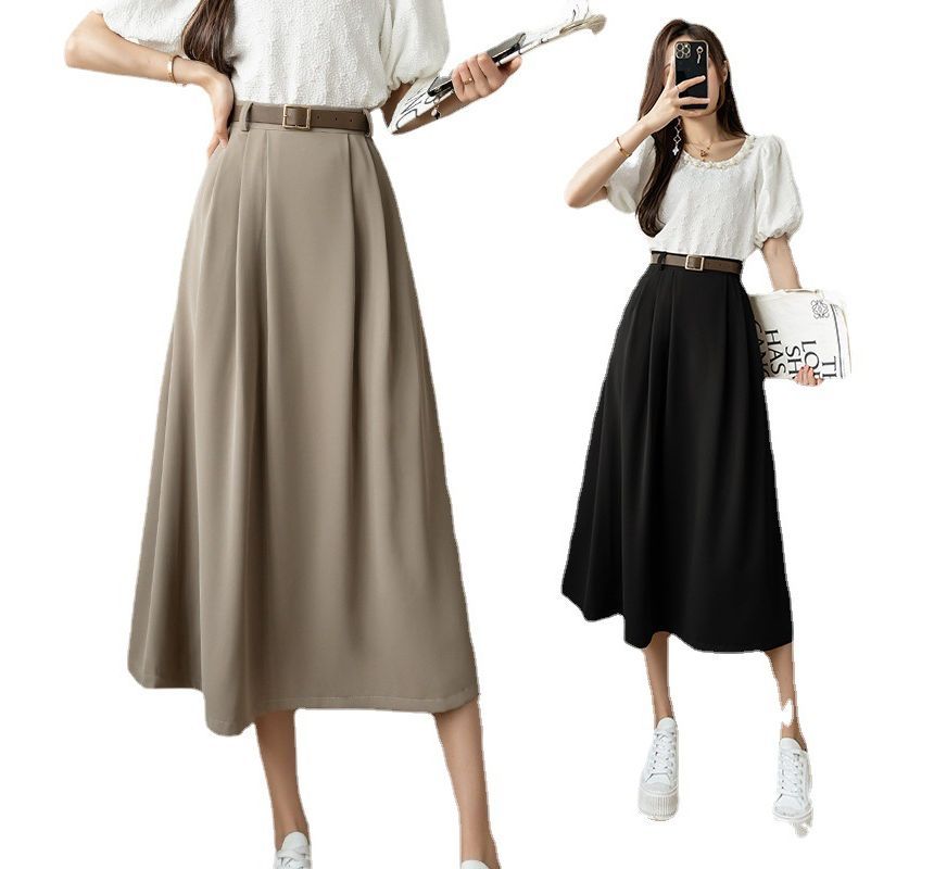 High Waist Plain Midi A-Line Skirt