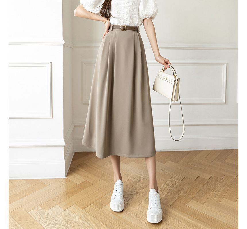 High Waist Plain Midi A-Line Skirt