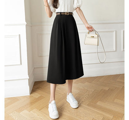 High Waist Plain Midi A-Line Skirt