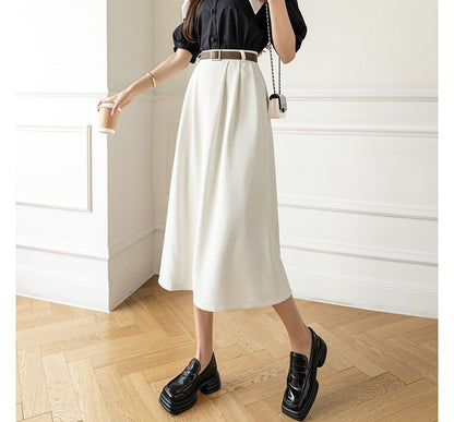 High Waist Plain Midi A-Line Skirt