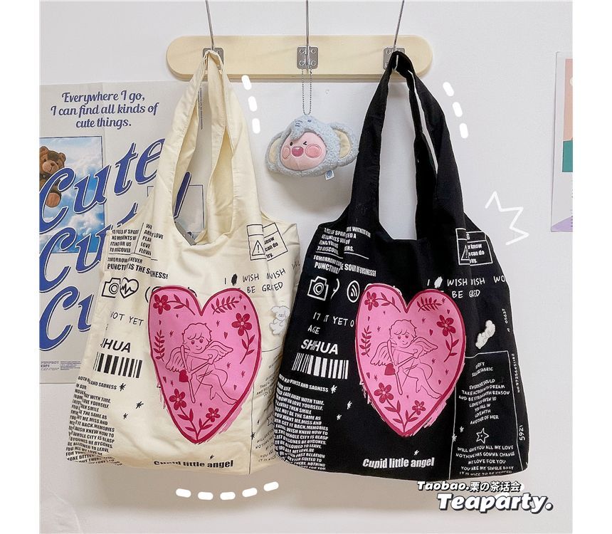 Lettering Cartoon Print Shopper Bag / Bag Charm / Set