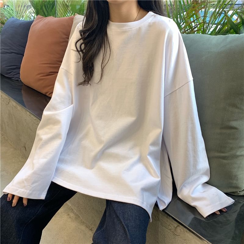 Long-Sleeve Round Neck Plain Slit Oversized T-Shirt