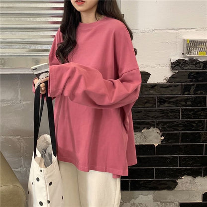 Long-Sleeve Round Neck Plain Slit Oversized T-Shirt