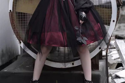 Lolita Long-Sleeve Off Shoulder Top / High Waist A-Line Skirt / Lace Socks (Various Designs)