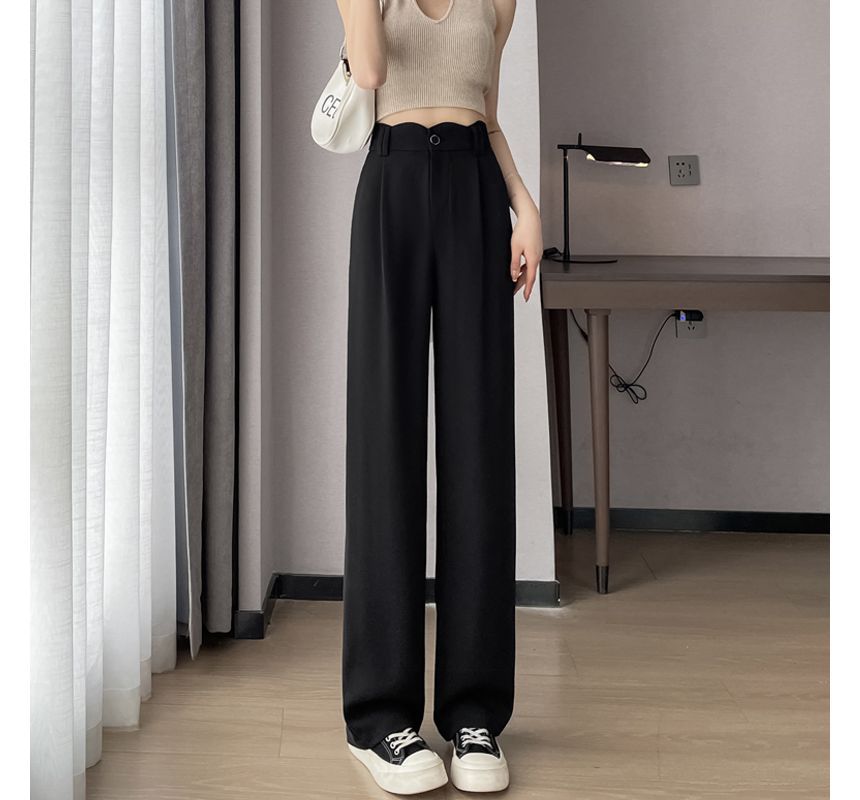 High Rise Plain Scallop Edge Wide Leg Pants