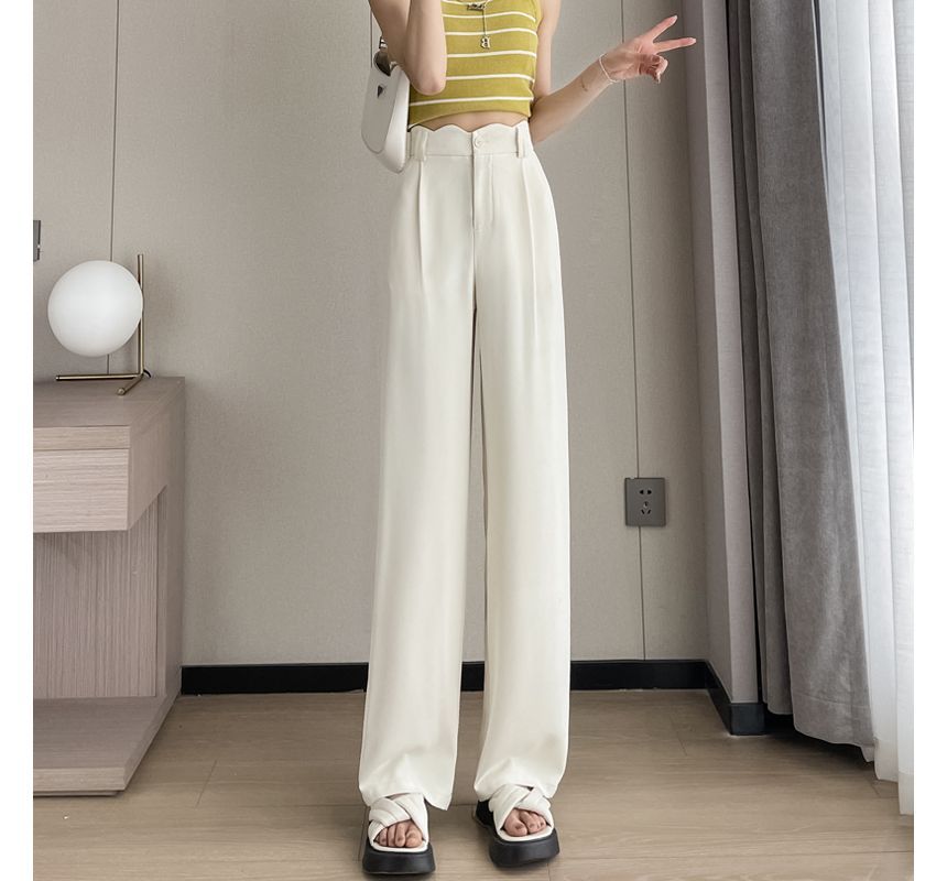 High Rise Plain Scallop Edge Wide Leg Pants