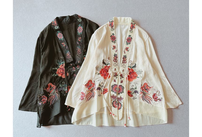 Flower Embroidered Open Front Jacket