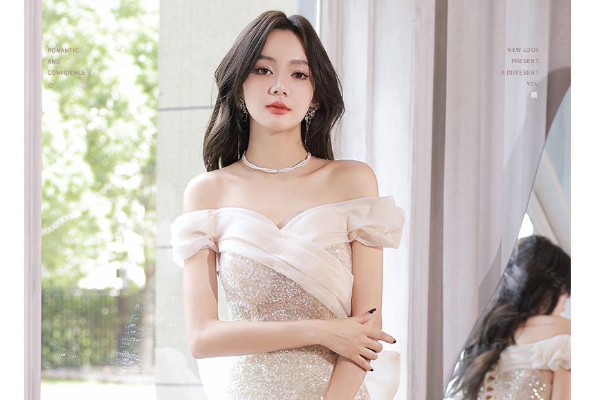 A-Line Shoulder Gown Off Glitter Evening