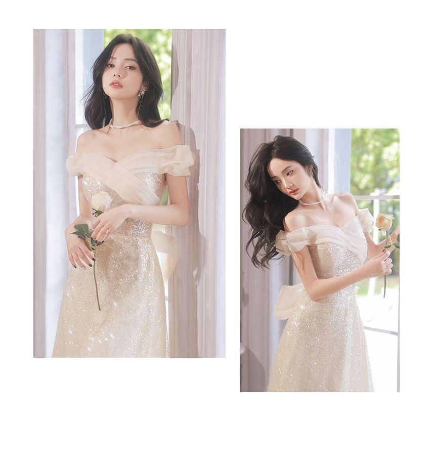 A-Line Shoulder Gown Off Glitter Evening