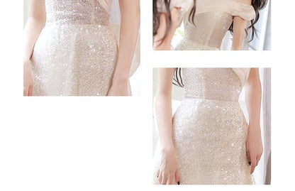 A-Line Shoulder Gown Off Glitter Evening
