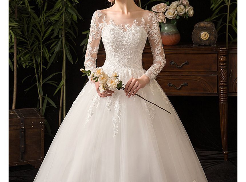 Long-Sleeve Boat Neck Wedding Ball Gown (Various Designs)