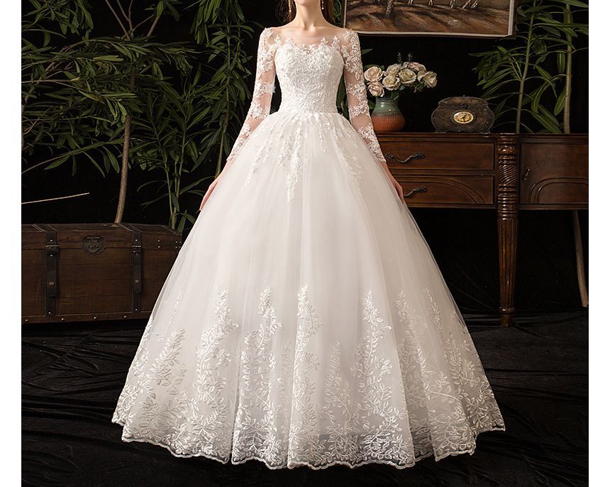 Long-Sleeve Boat Neck Wedding Ball Gown (Various Designs)
