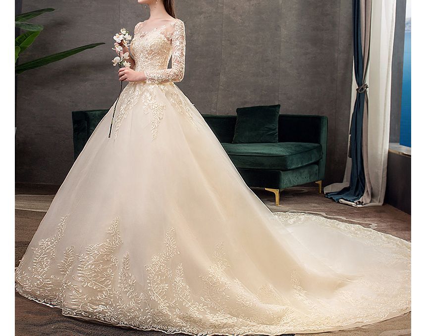 Long-Sleeve Boat Neck Wedding Ball Gown (Various Designs)