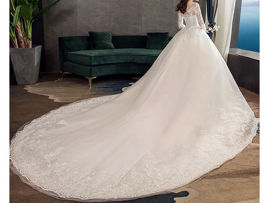 Long-Sleeve Boat Neck Wedding Ball Gown (Various Designs)
