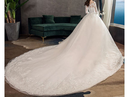 Long-Sleeve Boat Neck Wedding Ball Gown (Various Designs)