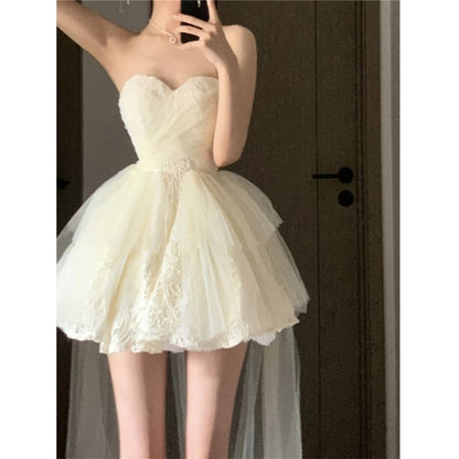 Plain Ruched High-Low Panel Mesh Mini A-Line Tube Cocktail Dress