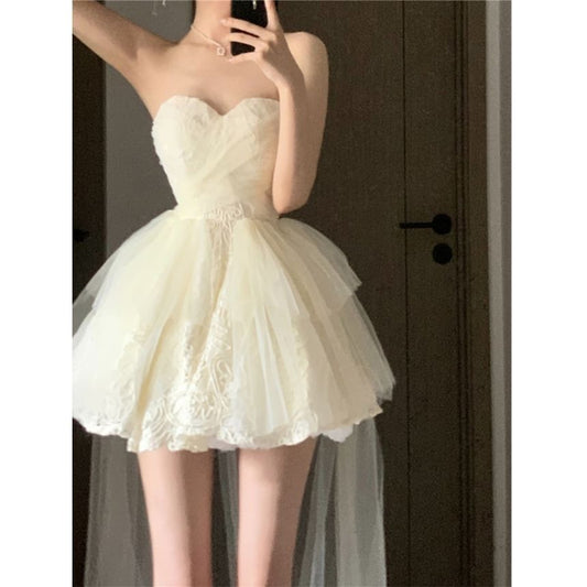 Plain Ruched High-Low Panel Mesh Mini A-Line Tube Cocktail Dress