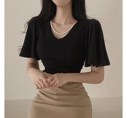 Flare-Sleeve V-Neck Plain Blouse