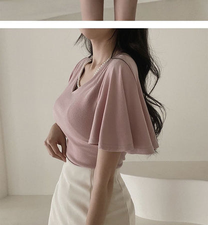 Flare-Sleeve V-Neck Plain Blouse