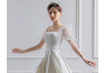 Puff-Sleeve Square Neck Plain A-Line Wedding Gown