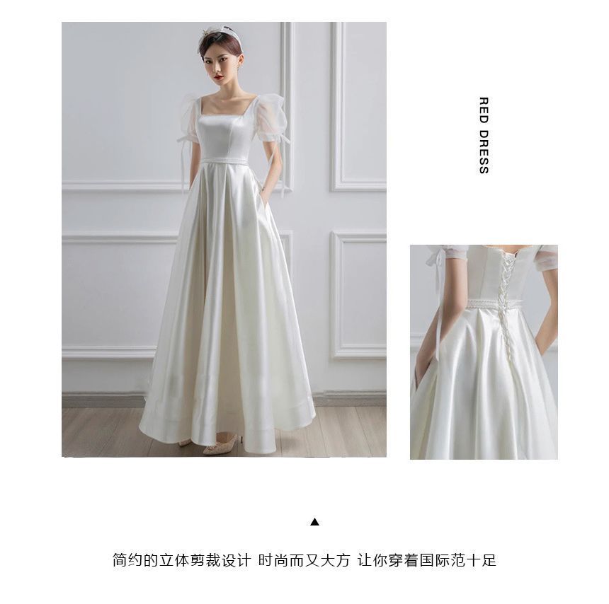 Puff-Sleeve Square Neck Plain A-Line Wedding Gown