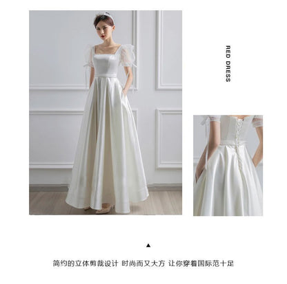 Puff-Sleeve Square Neck Plain A-Line Wedding Gown