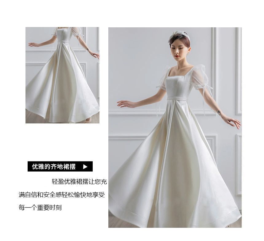 Puff-Sleeve Square Neck Plain A-Line Wedding Gown