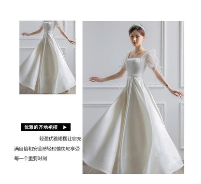 Puff-Sleeve Square Neck Plain A-Line Wedding Gown