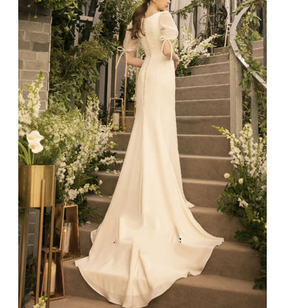 Puff-Sleeve Square Neck Plain Mermaid Wedding Gown