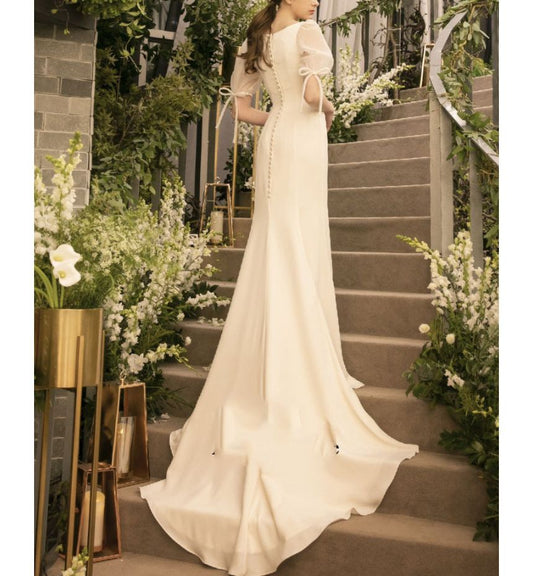Puff-Sleeve Square Neck Plain Mermaid Wedding Gown