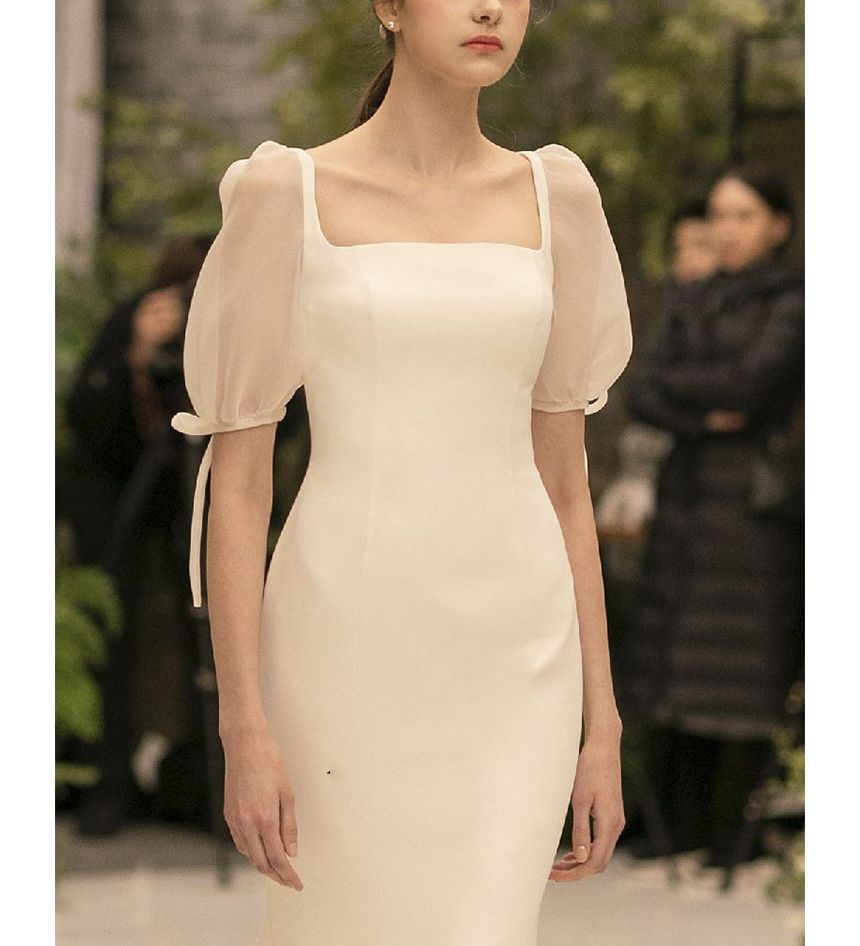Puff-Sleeve Square Neck Plain Mermaid Wedding Gown