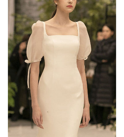 Puff-Sleeve Square Neck Plain Mermaid Wedding Gown