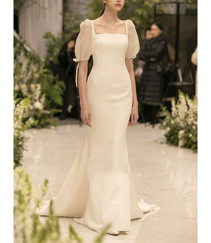 Puff-Sleeve Square Neck Plain Mermaid Wedding Gown