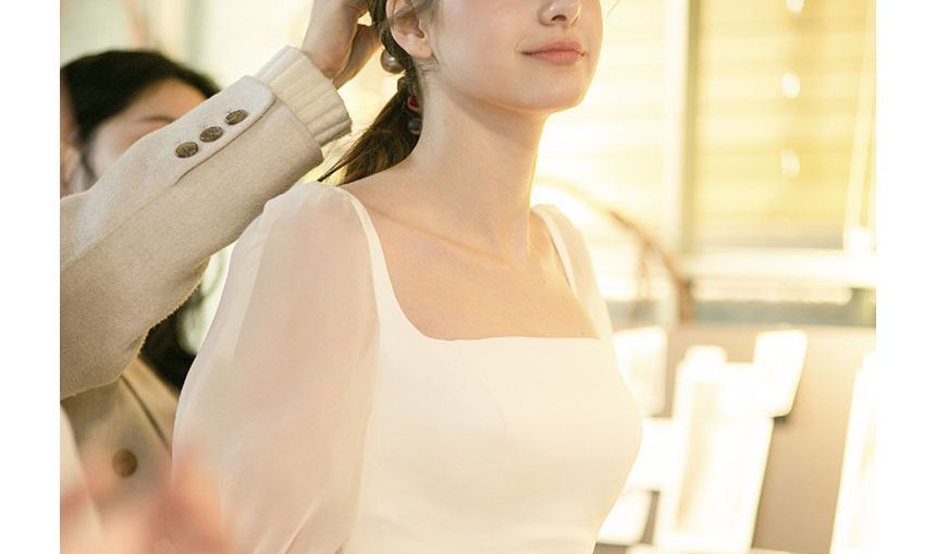 Puff-Sleeve Square Neck Plain Mermaid Wedding Gown