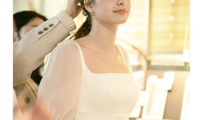 Puff-Sleeve Square Neck Plain Mermaid Wedding Gown