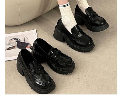 Faux Leather Platform Chunky Heel Loafers