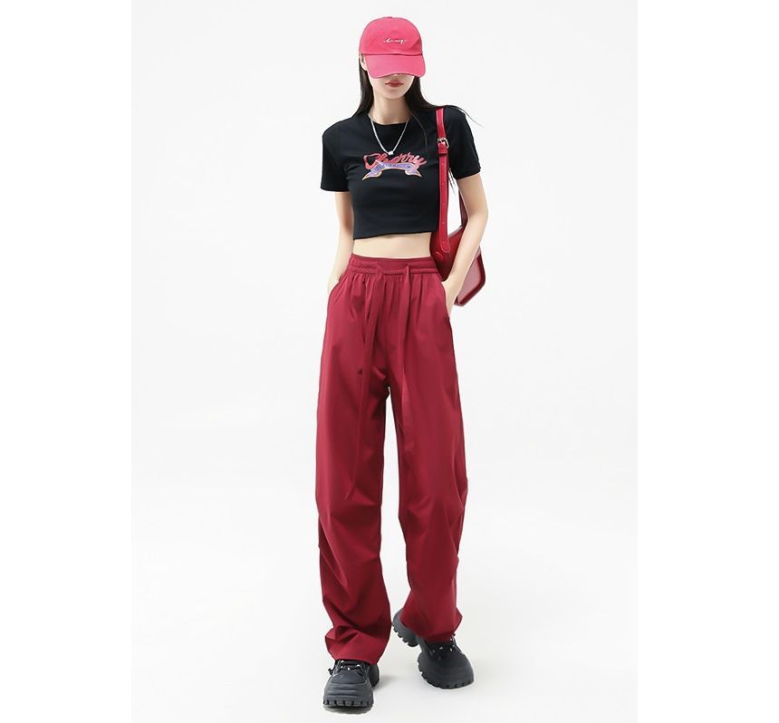 Plain Wide Leg High Waist Parachute Cargo Pants