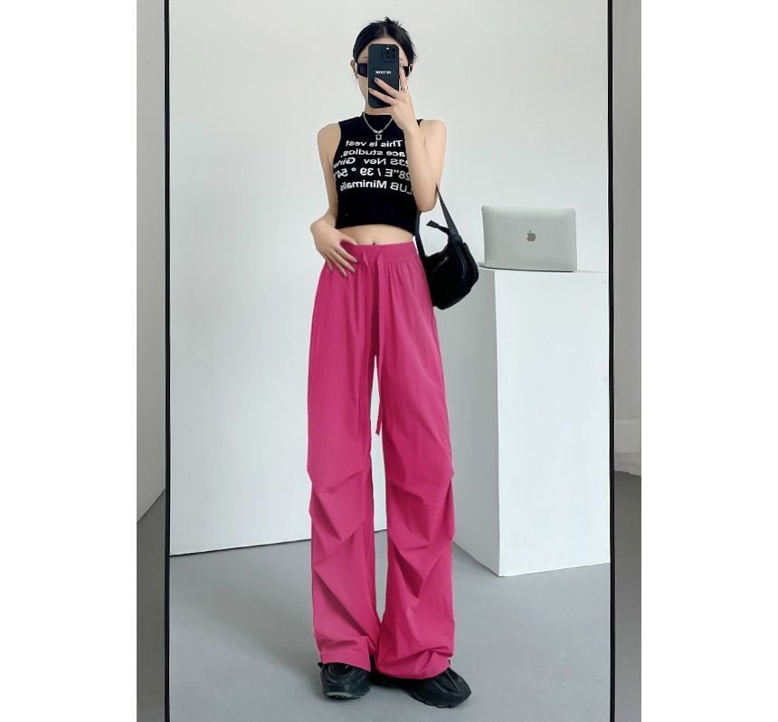 Plain Wide Leg High Waist Parachute Cargo Pants