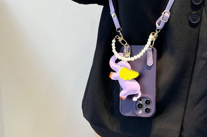 Faux Leather Elephant Charm Faux Pearl Strap Phone Case