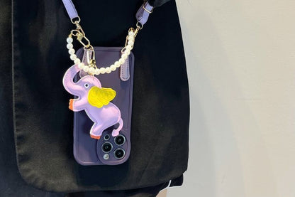 Faux Leather Elephant Charm Faux Pearl Strap Phone Case