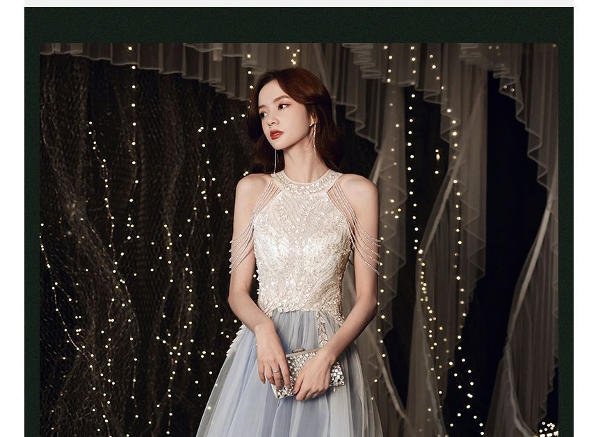 Sleeveless Sequined Mesh Overlay A-Line Evening Gown