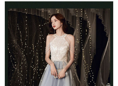 Sleeveless Sequined Mesh Overlay A-Line Evening Gown