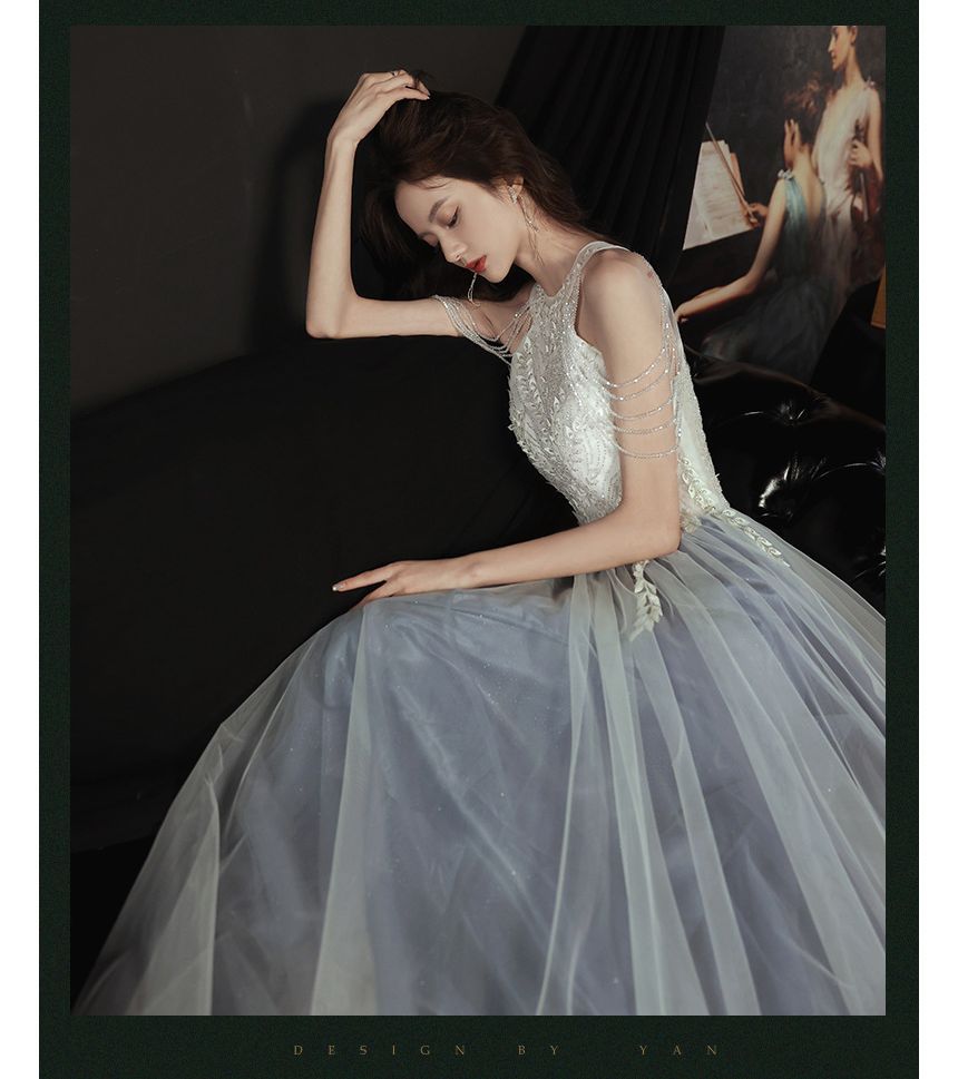 Sleeveless Sequined Mesh Overlay A-Line Evening Gown