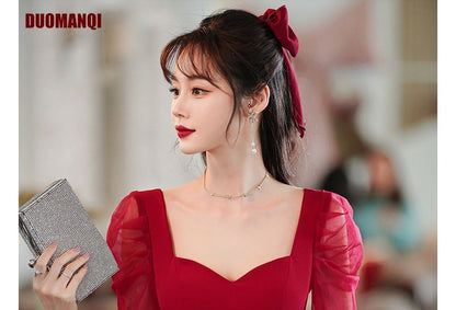 Gown Neckline Evening Dress Mesh / Sweetheart A-Line Short-Sleeve