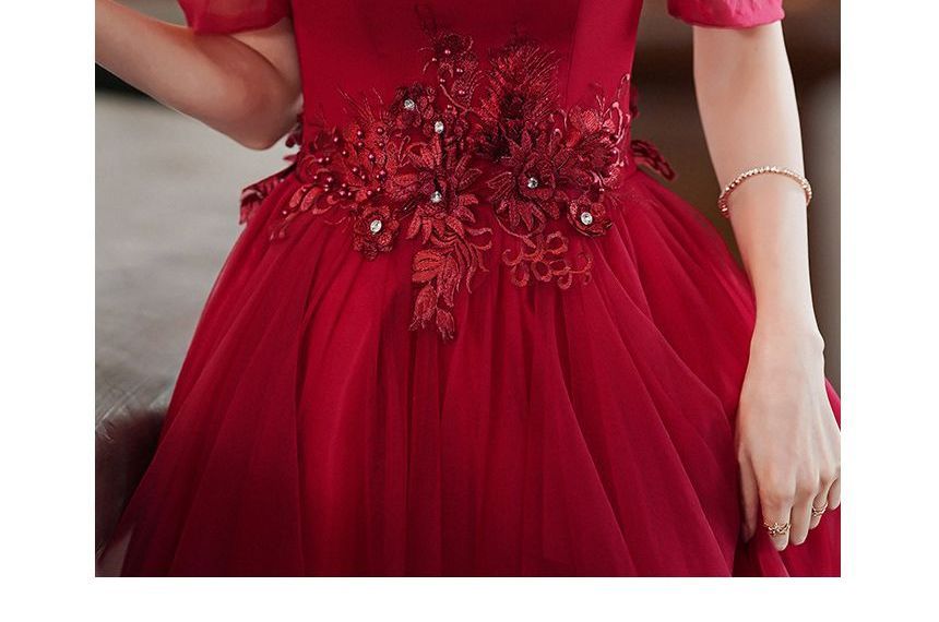 Gown Neckline Evening Dress Mesh / Sweetheart A-Line Short-Sleeve