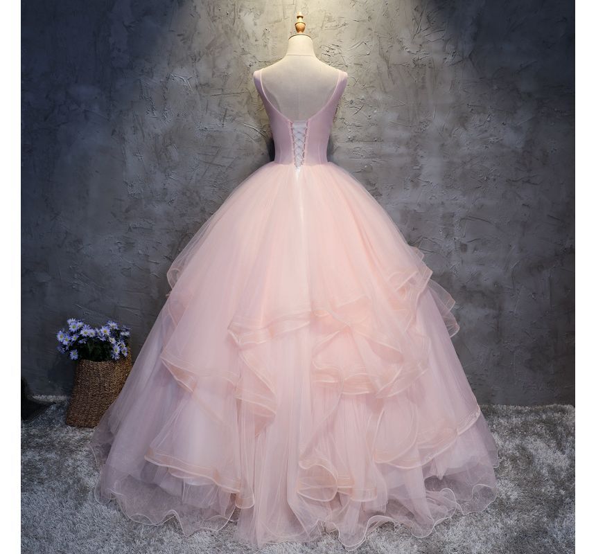 Sleeveless Mesh Evening Ball Gown