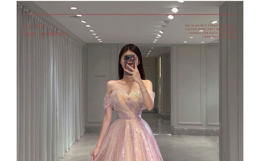 Short-Sleeve Off Shoulder Iridescent A-Line Evening Gown