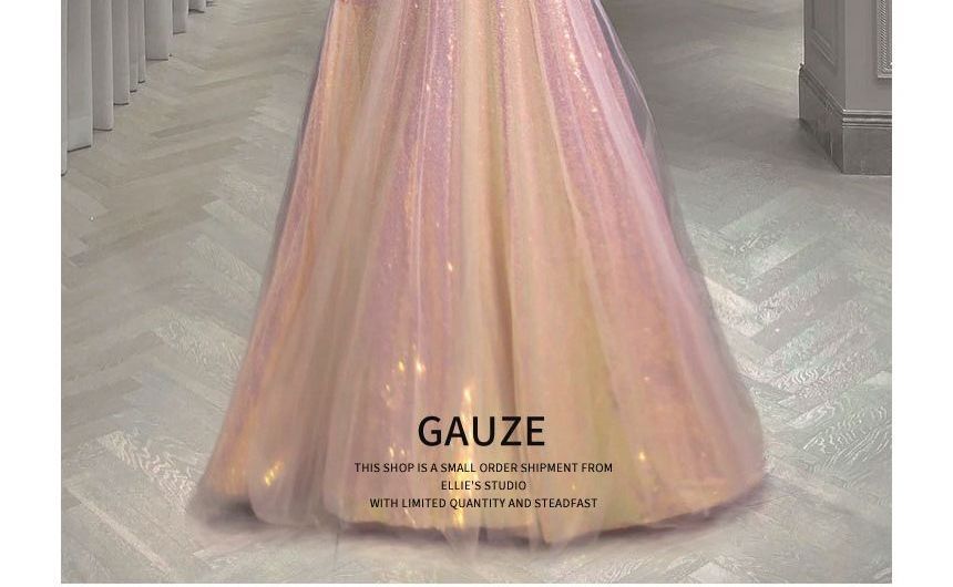 Short-Sleeve Off Shoulder Iridescent A-Line Evening Gown