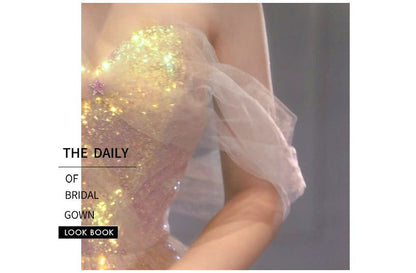 Short-Sleeve Off Shoulder Iridescent A-Line Evening Gown